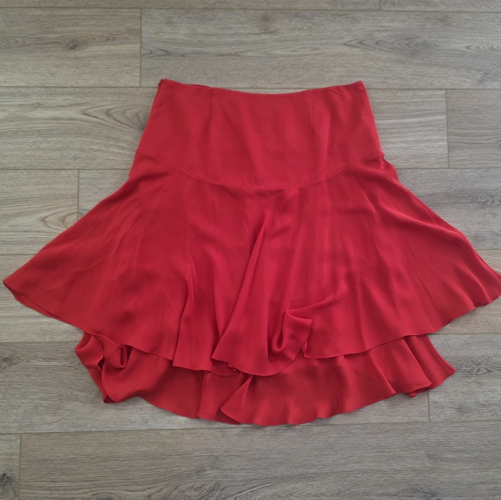 NEW Lauren Ralph Lauren Red Silk Skirt Size 12 Flare Tiered Ruffled A-Line Zip
